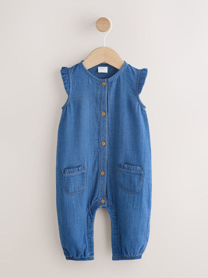 Denim Blue Baby Long Leg Romper (0mths-2yrs) - Size Up to 1 Month (56cm) - Default 1