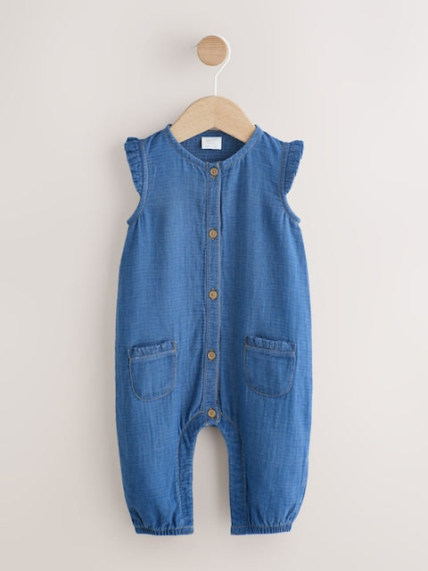 Denim Blue Baby Long Leg Romper (0mths-2yrs) - Size Up to 1 Month (56cm)