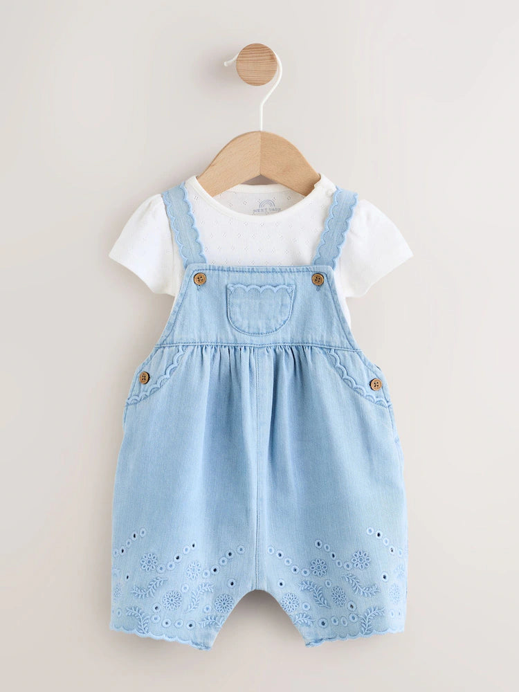 Denim Blue Broiderie Dungaree and Bodysuit Baby 2 Piece Set (0mths-3yrs)