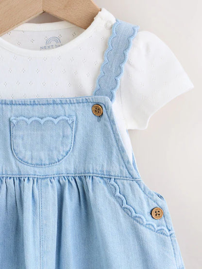 Denim Blue Broiderie Dungaree and Bodysuit Baby 2 Piece Set (0mths-3yrs)