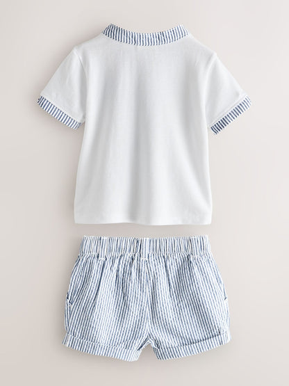 Baker by Ted Baker Grandad Collar White/Blue Shirt and Stripe Shorts Set