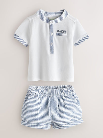 Baker by Ted Baker Grandad Collar White/Blue Shirt and Stripe Shorts Set
