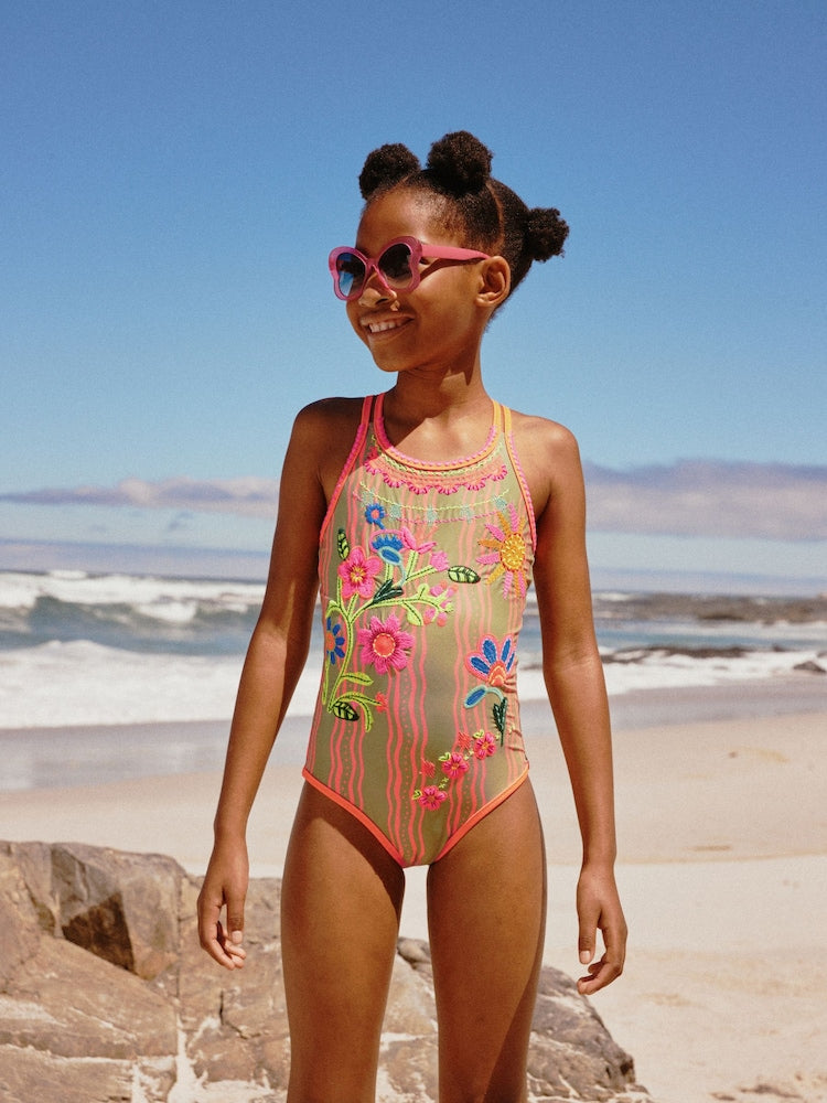 Orange Floral Embroidered Double Strap Swimsuit (3-16yrs) - Orange Floral Embroidered Double Strap / 10 Years (140cm)