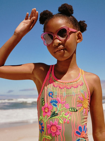 Orange Floral Embroidered Double Strap Swimsuit (3-16yrs) - Size 3 Years (98cm)