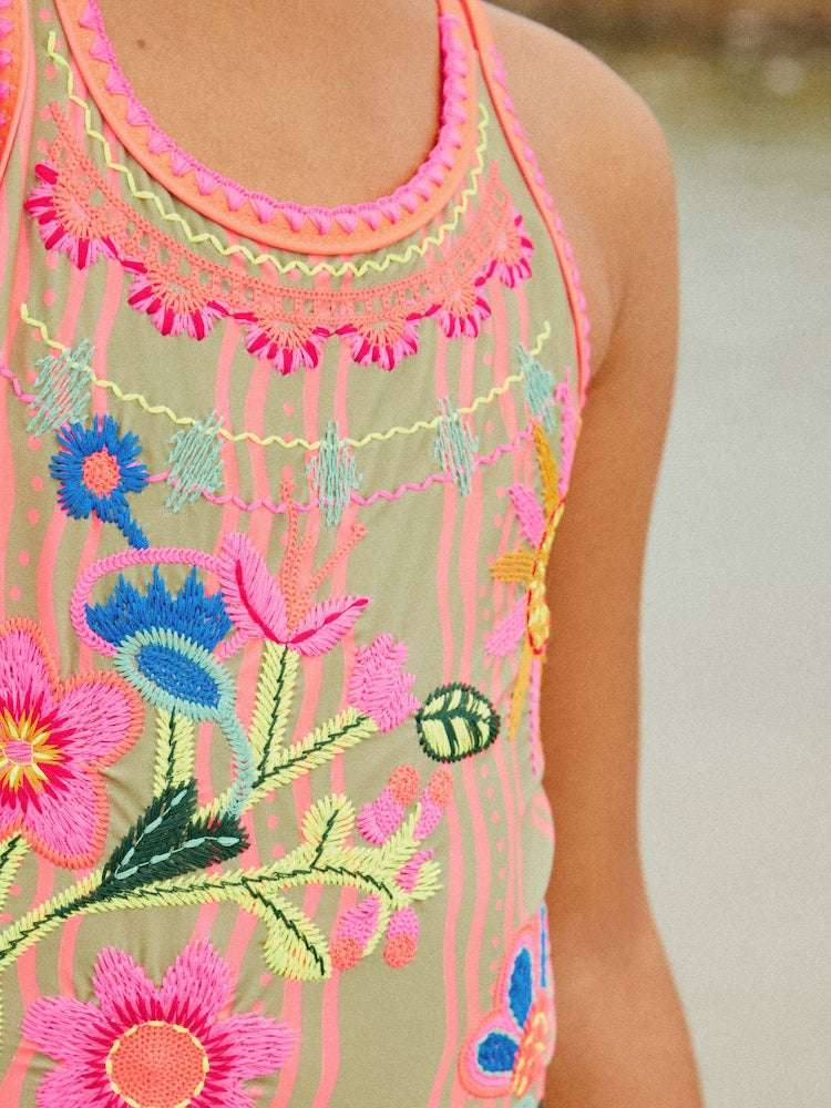 Orange Floral Embroidered Double Strap Swimsuit (3-16yrs)