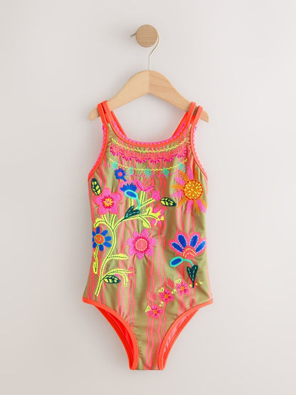 Orange Floral Embroidered Double Strap Swimsuit (3-16yrs)