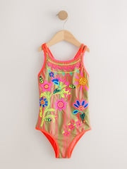 Orange Floral Embroidered Double Strap Swimsuit (3-16yrs) - Size 3 Years (98cm)