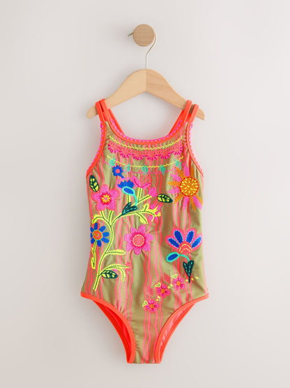 Orange Floral Embroidered Double Strap Swimsuit (3-16yrs) - Size 3 Years (98cm)