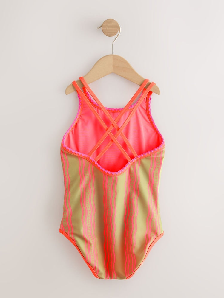 Orange Floral Embroidered Double Strap Swimsuit (3-16yrs)