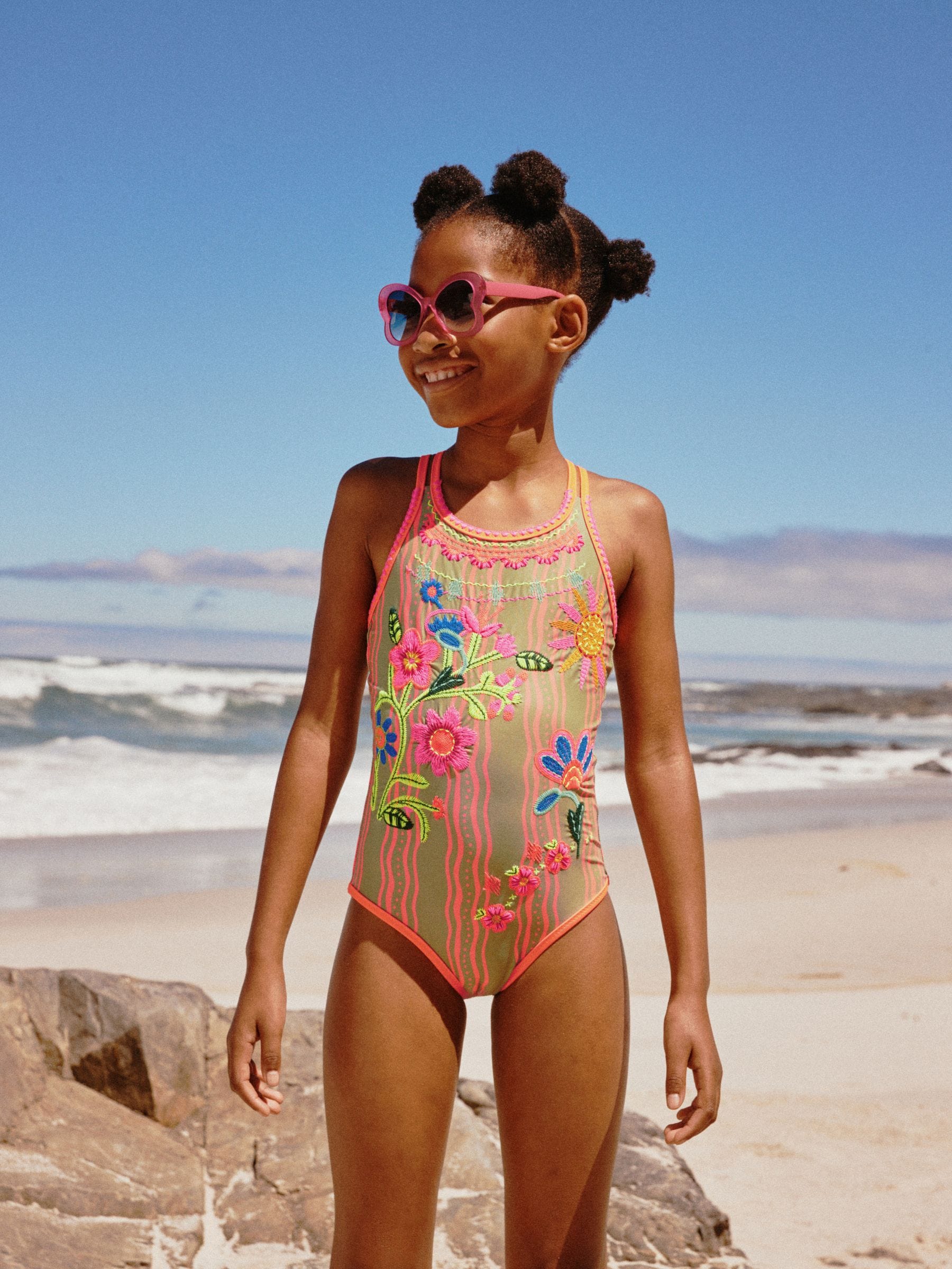 Orange Floral Embroidered Double Strap Swimsuit (3-16yrs) - Size 3 Years (98cm) - Default 1