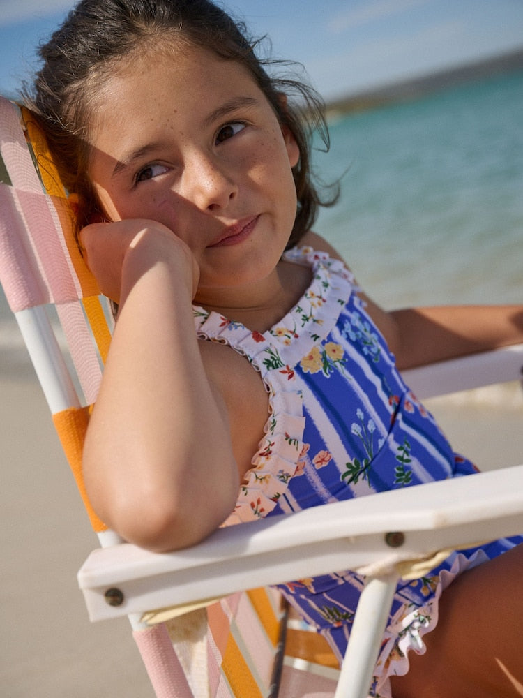 Blue Floral Stripe Ruffle Swimsuit (3-16yrs)