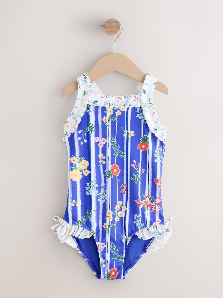 Blue Floral Stripe Ruffle Swimsuit (3-16yrs)