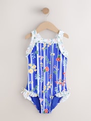 Blue Floral Stripe Ruffle Swimsuit (3-16yrs) - Size 3 Years (98cm)