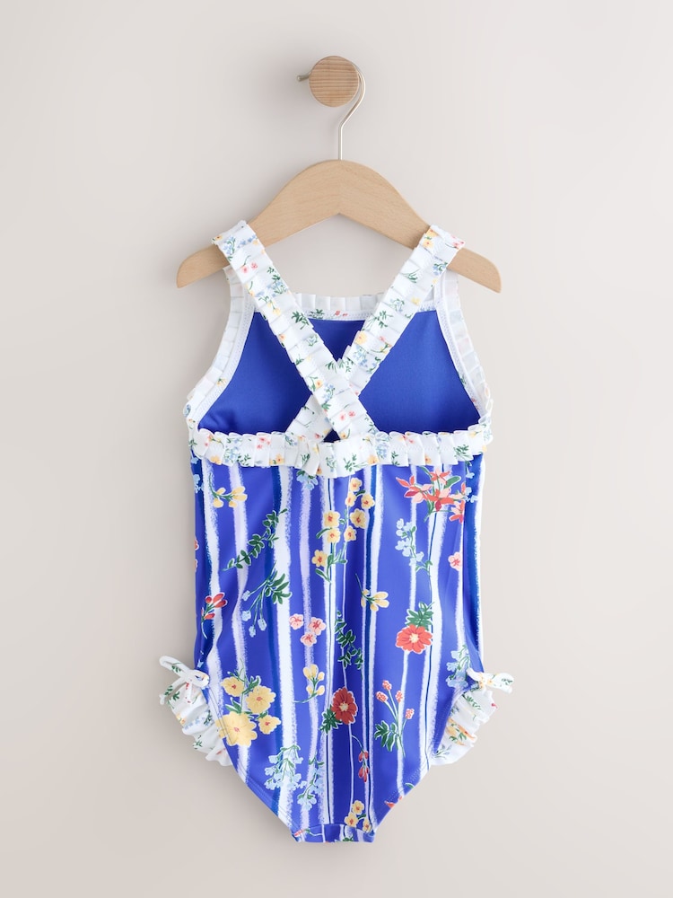 Blue Floral Stripe Ruffle Swimsuit (3-16yrs)