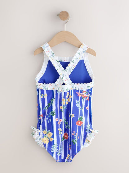 Blue Floral Stripe Ruffle Swimsuit (3-16yrs)