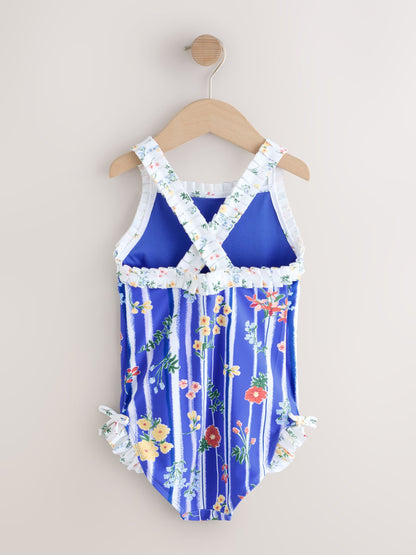 Blue Floral Stripe Ruffle Swimsuit (3-16yrs) - Size 3 Years (98cm)