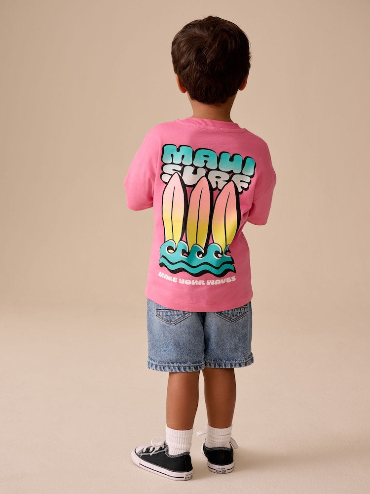 Pink Surfboard Short Sleeve Back Print T-Shirt (3mths-7yrs) - Pink Surfboard / 12-18 Months (80-86cm)