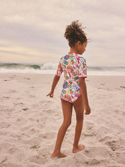 Multi Picnic Scene Short Sleeved Sunsafe Swimsuit (3mths-16yrs) - Size 3 Years (98cm)