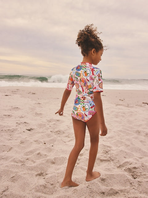 Multi Picnic Scene Short Sleeved Sunsafe Swimsuit (3mths-16yrs) - Size 3 Years (98cm)