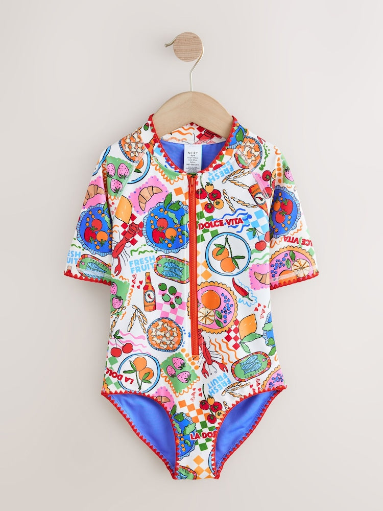 Multi Picnic Scene Short Sleeved Sunsafe Swimsuit (3mths-16yrs) - Size 3 Years (98cm)
