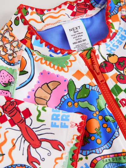 Multi Picnic Scene Short Sleeved Sunsafe Swimsuit (3mths-16yrs) - Size 3 Years (98cm)