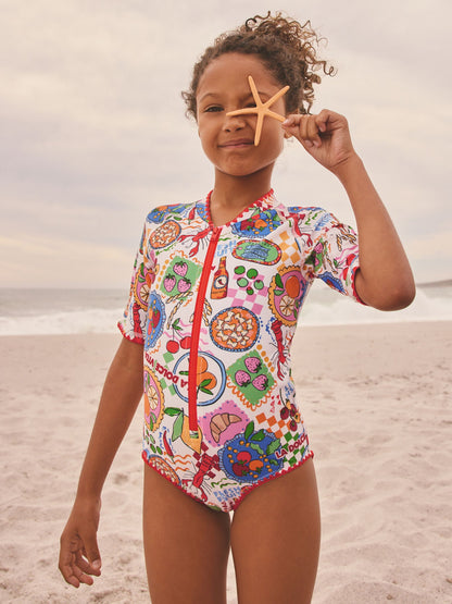 Multi Picnic Scene Short Sleeved Sunsafe Swimsuit (3mths-16yrs) - Size 3 Years (98cm) - Default 1