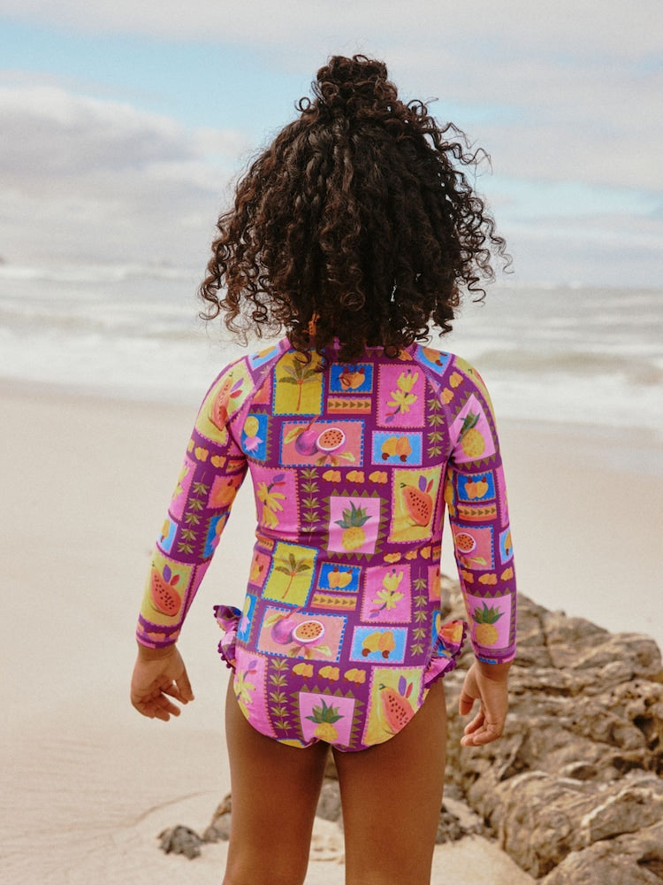 Purple/Orange Tropical Sunsafe Long Sleeve Swimsuit (3mths-7yrs) - Size 3-6 Months (62-68cm)