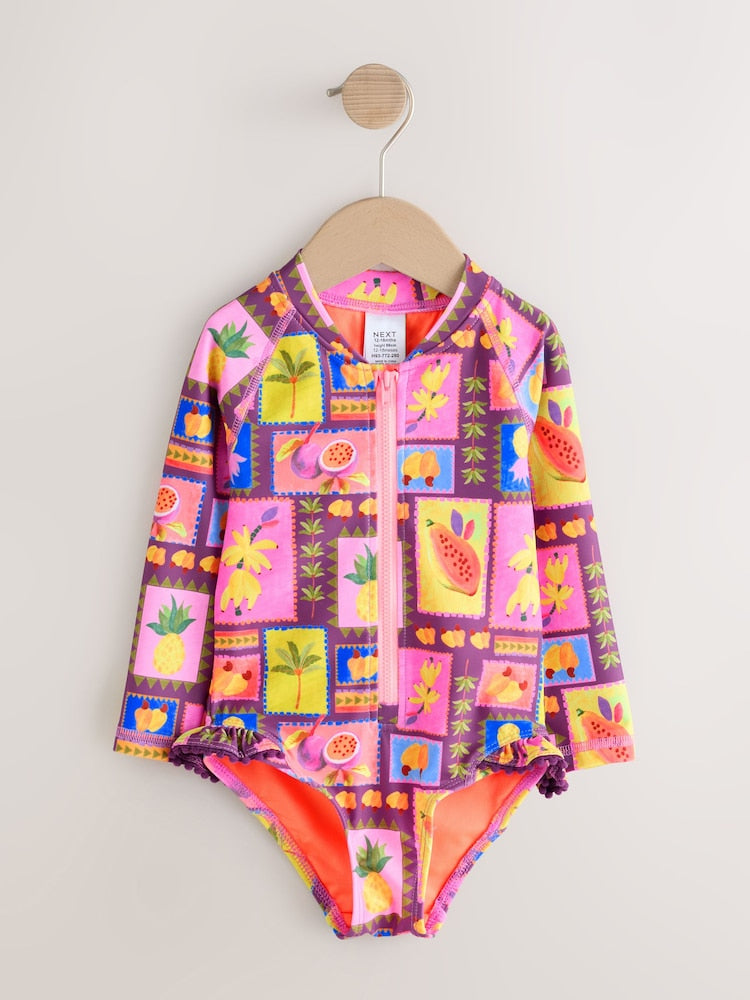 Purple/Orange Tropical Sunsafe Long Sleeve Swimsuit (3mths-7yrs) - Size 3-6 Months (62-68cm)
