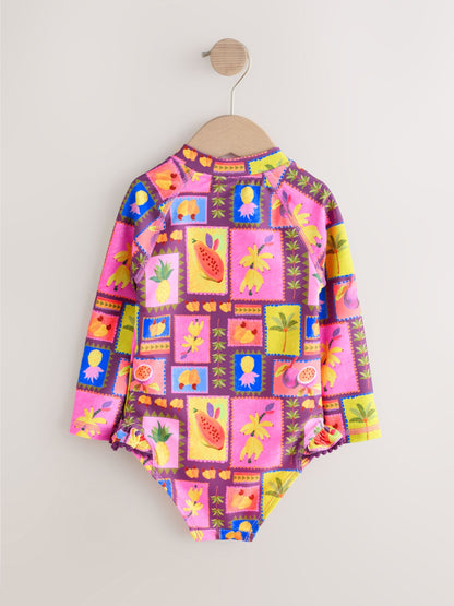 Purple/Orange Tropical Sunsafe Long Sleeve Swimsuit (3mths-7yrs) - Size 3-6 Months (62-68cm)