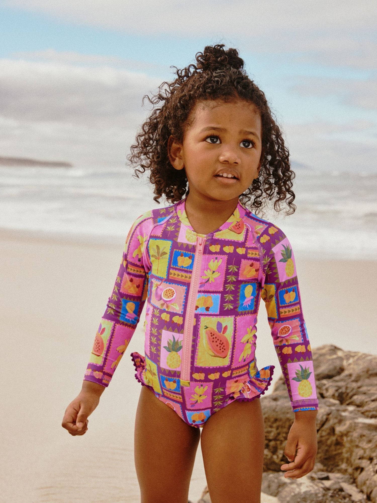 Purple/Orange Tropical Sunsafe Long Sleeve Swimsuit (3mths-7yrs) - Size 3-6 Months (62-68cm) - Default 1