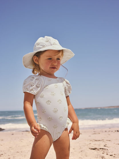 White Embriodered Puff Sleeve Swimsuit (3mths-7yrs) - Size 3-6 Months (62-68cm) - White Embriodered