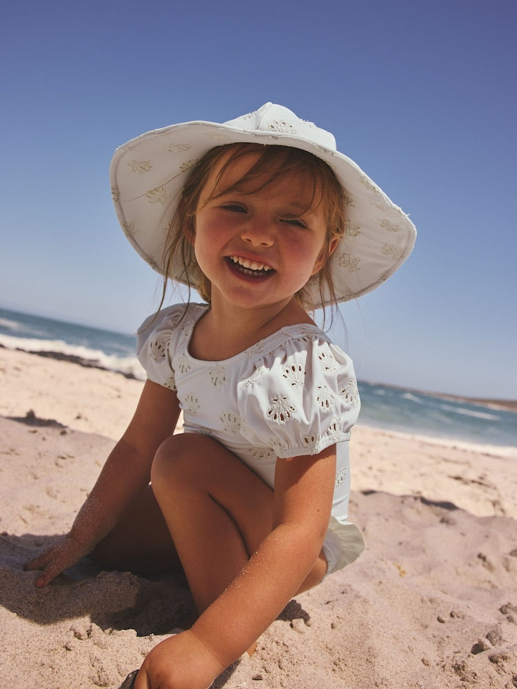White Embriodered Puff Sleeve Swimsuit (3mths-7yrs) - Size 3-6 Months (62-68cm)