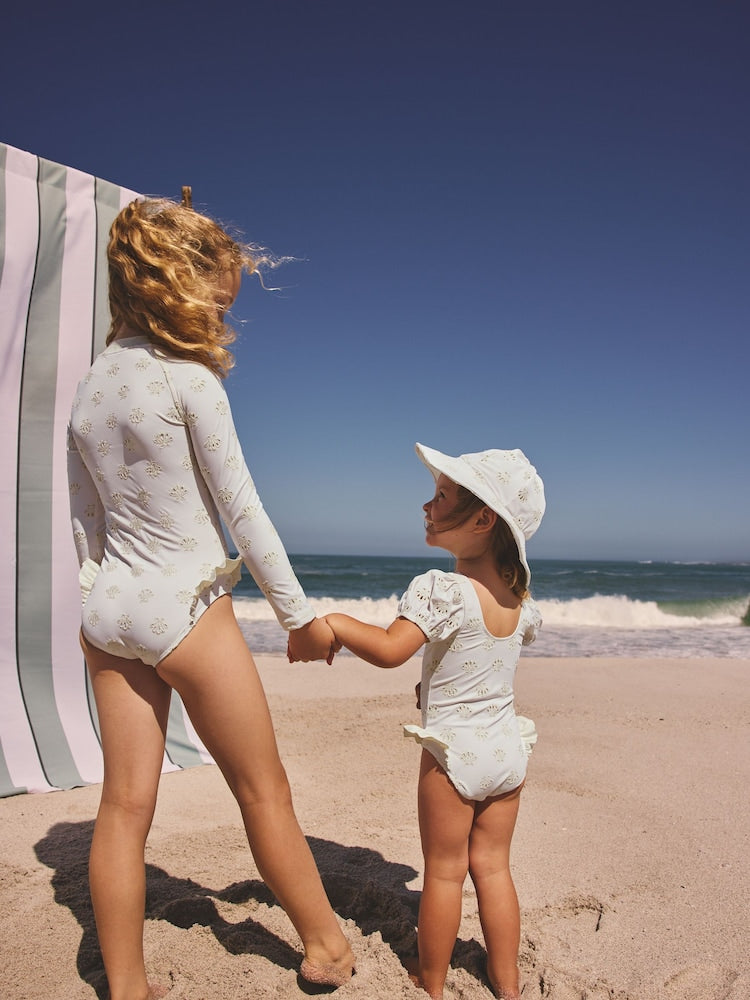 White Embriodered Puff Sleeve Swimsuit (3mths-7yrs) - Size 3-6 Months (62-68cm)