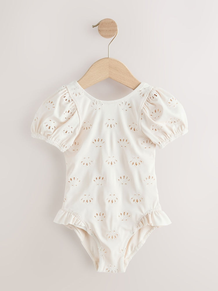 White Embriodered Puff Sleeve Swimsuit (3mths-7yrs) - Size 3-6 Months (62-68cm)