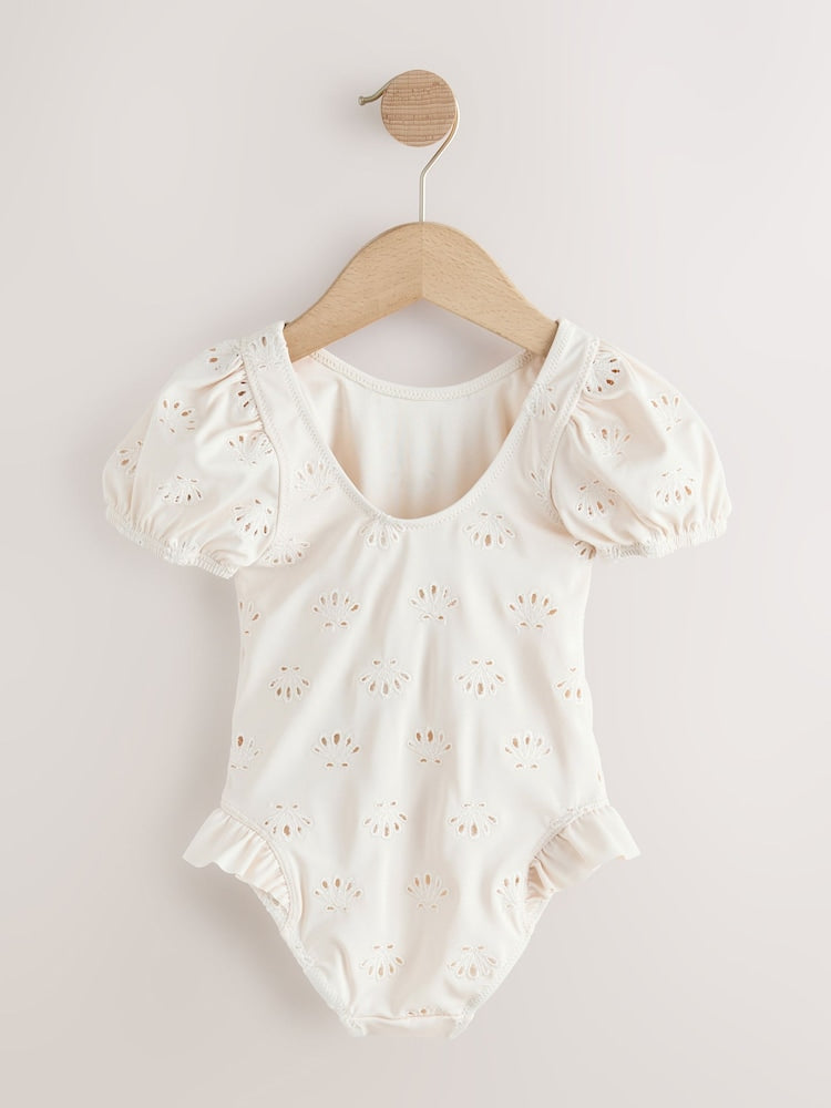 White Embriodered Puff Sleeve Swimsuit (3mths-7yrs) - Size 3-6 Months (62-68cm)
