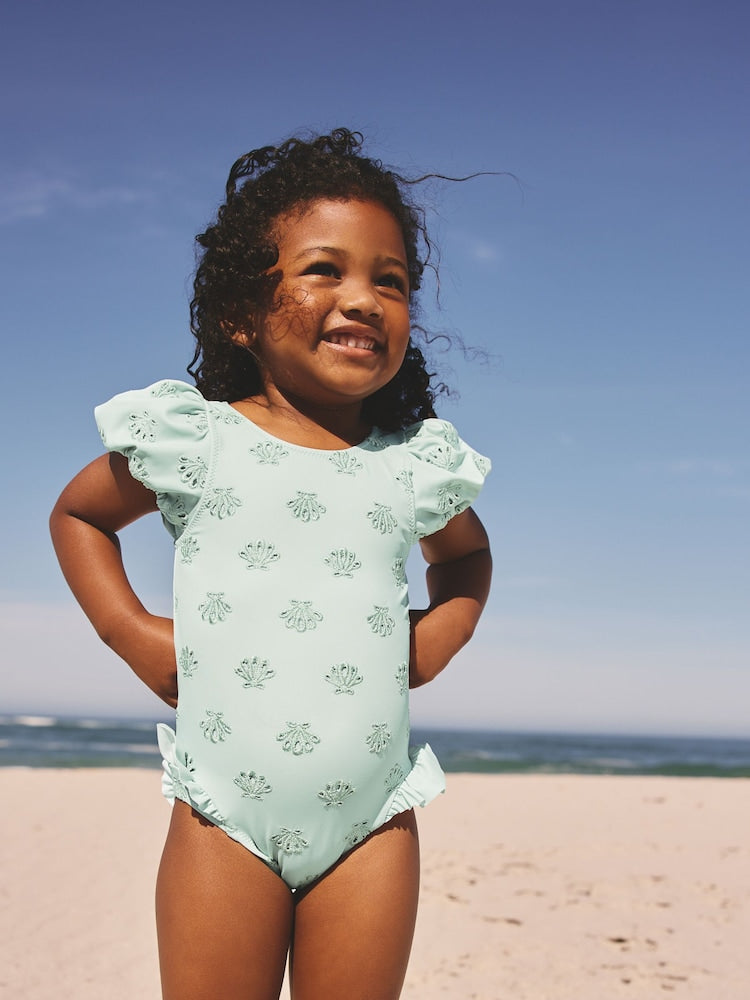 Sage Green Embroidered Puff Sleeve Swimsuit (3mths-7yrs)
