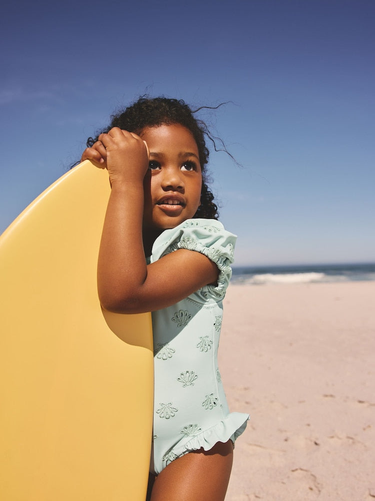 Sage Green Embroidered Puff Sleeve Swimsuit (3mths-7yrs)