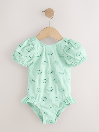 Image 50: Sage Green Embroidered Puff Sleeve Swimsuit (3mths-7yrs) - Image 4 of 7