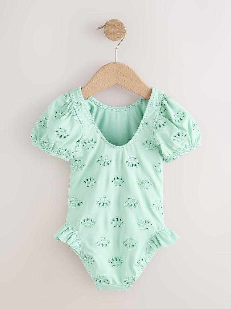 Sage Green Embroidered Puff Sleeve Swimsuit (3mths-7yrs)