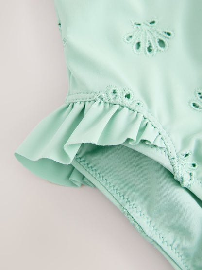 Sage Green Embroidered Puff Sleeve Swimsuit (3mths-7yrs)