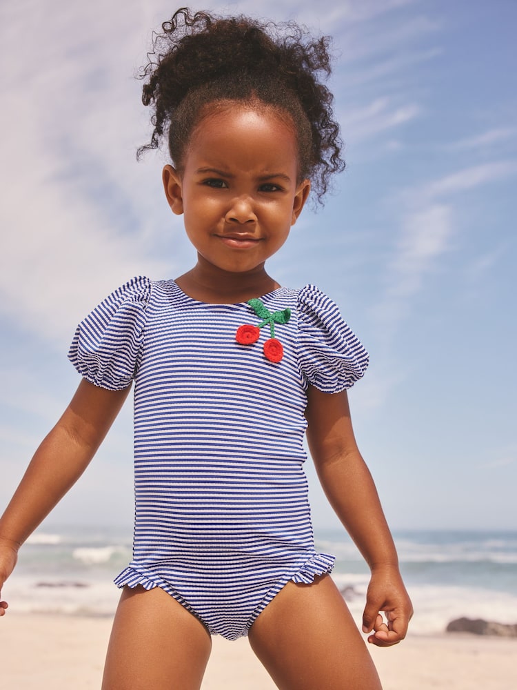 Navy Blue Cherry Stripe Puff Sleeve Swimsuit (3mths-7yrs)