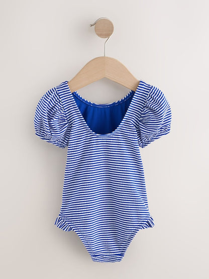 Navy Blue Cherry Stripe Puff Sleeve Swimsuit (3mths-7yrs)