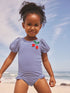 Navy Blue Cherry Stripe Puff Sleeve Swimsuit (3mths-7yrs) - Size 3-6 Months (62-68cm) - Default 1