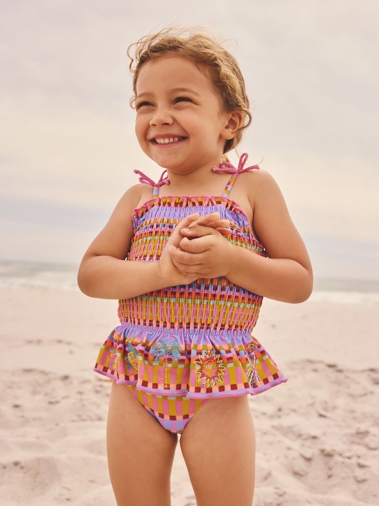 Purple/Orange Embroidered Shirred Swimsuit (3mths-10yrs) - Purple/Orange Embroidered / 12-18 Months (80-86cm)