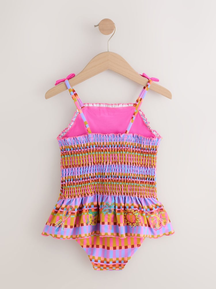 Purple/Orange Embroidered Shirred Swimsuit (3mths-10yrs)