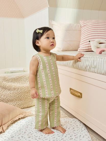 Green Floral Stripe Baby Woven Top and Trousers Set 2 Piece (0mths-2yrs) - Size Up to 1 Month (56cm) - Green Floral Stripe