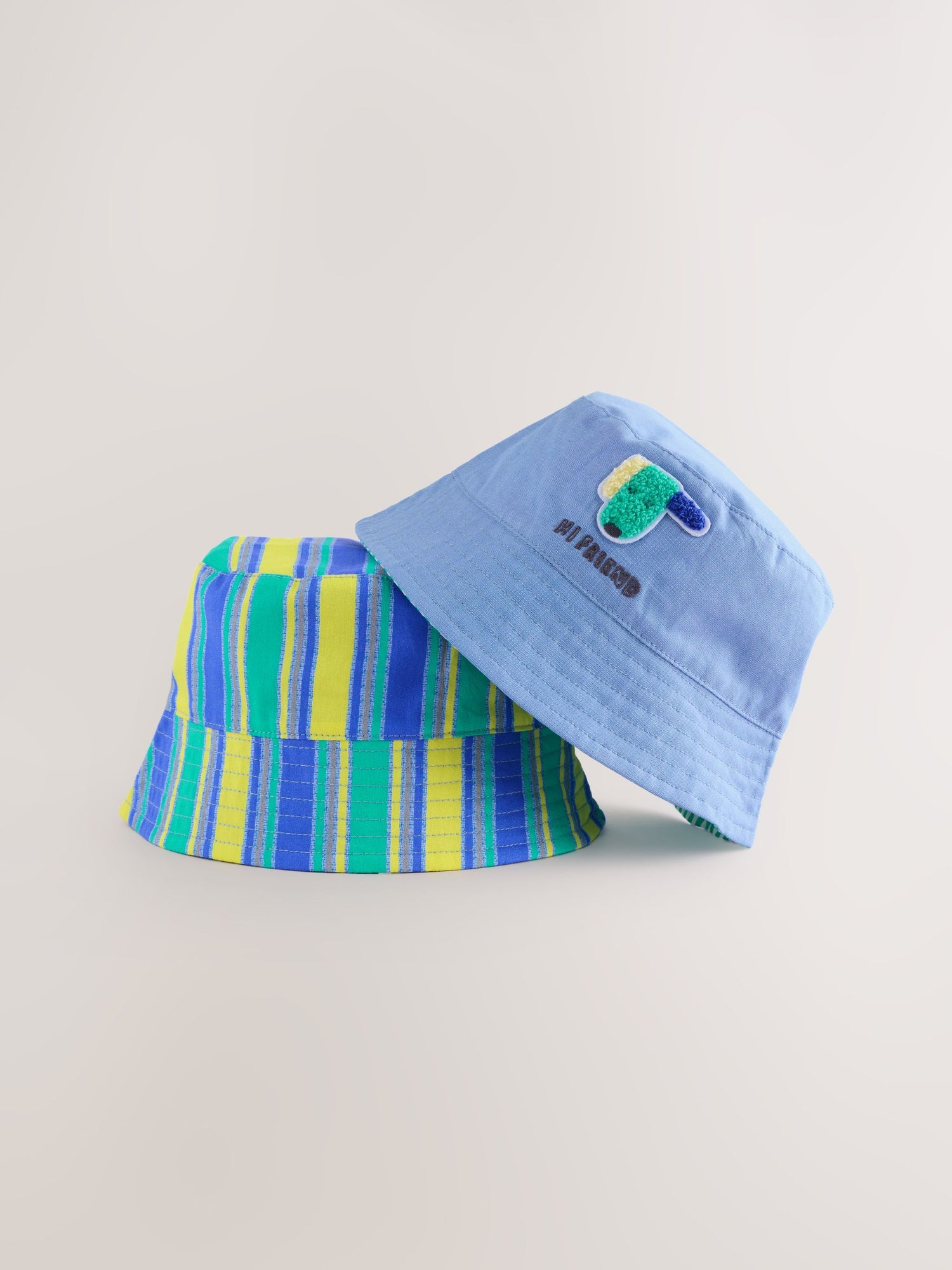 Green Stripe / Dog embroidery Baby Bucket Hats 2 Pack - Size 50cm (First Size)
