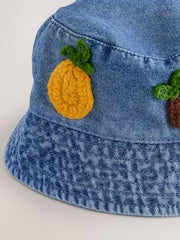 Denim Crochet Fruit Embroidered Baby Bucket Hat - Size 50cm (First Size)