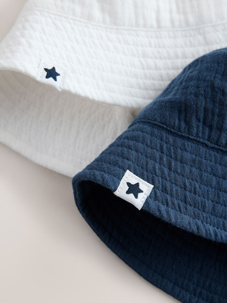 White and Blue Woven Baby Bucket Hats 2 Pack - Size 50cm (First Size)