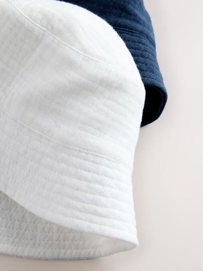 White and Blue Woven Baby Bucket Hats 2 Pack - Size 50cm (First Size)